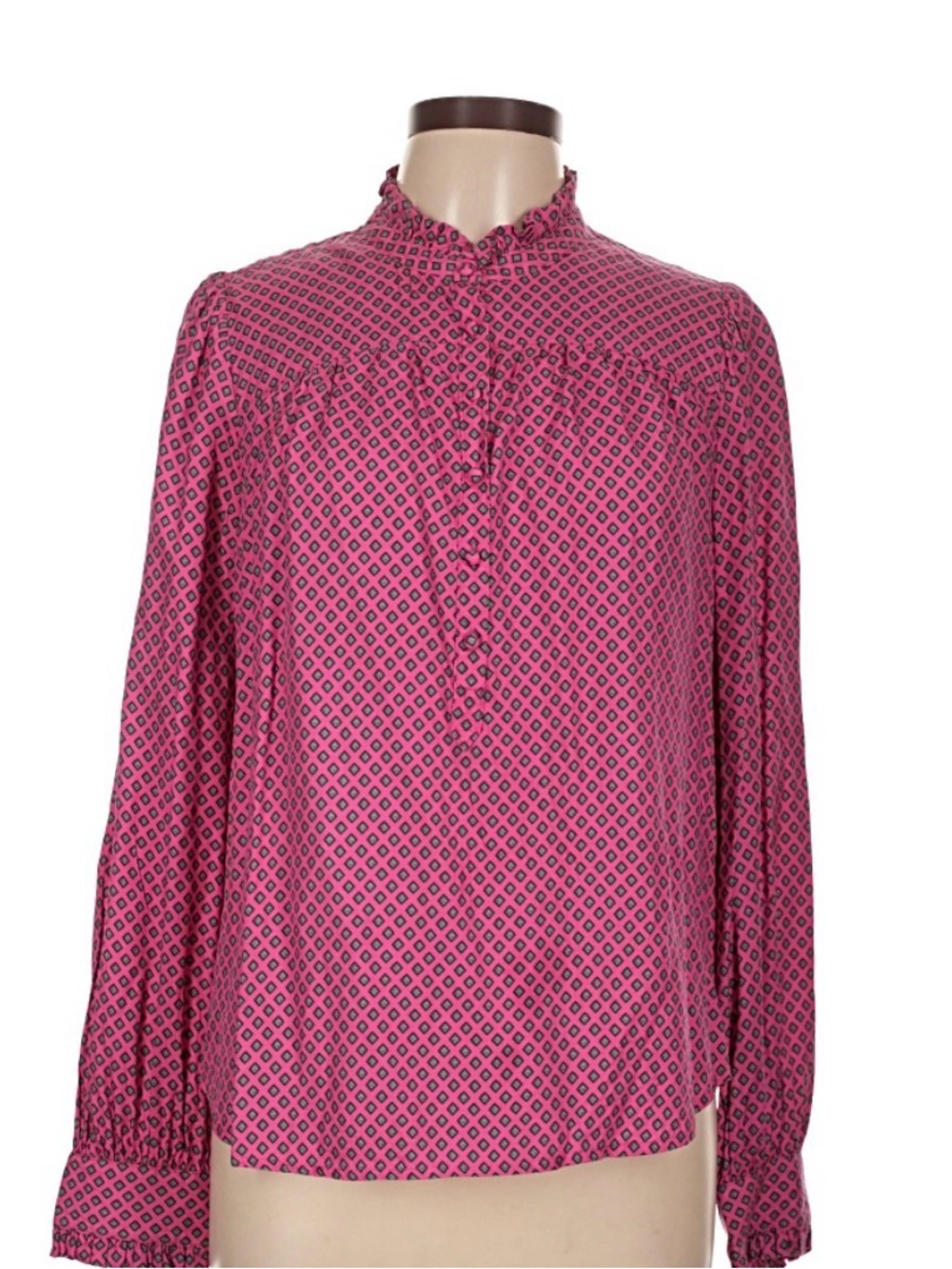 Vineyard Vines Pink Geometric Ruffle Neck Long-Sleeve Blouse